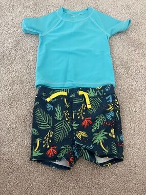 Tucker + Tate Navy Tropical Print Swim Top with Aqua Panel
